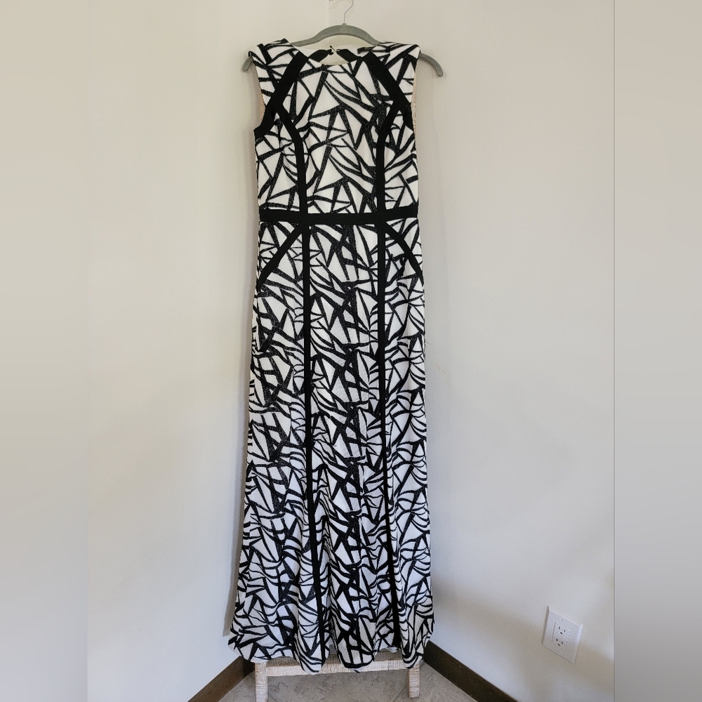 BCBGMAXAZRIA long formal black and white cutout back dress